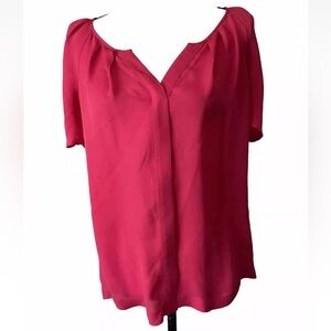 JOIE 100% Silk Pleated Short Sleeve Raspberry Red Button Front Top XS/S